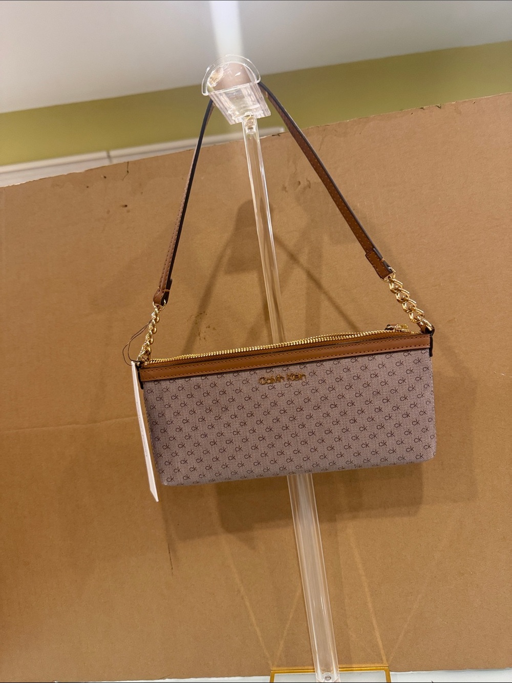 Calvin Klein Beige Monogram Crossbody with Gold Chain Trim